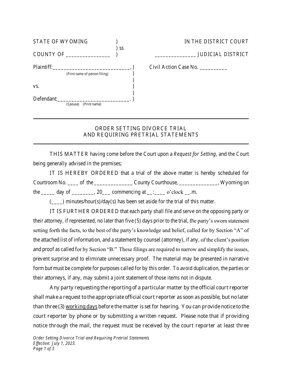 Order Setting Divorce Trial and Requiring Pretrial Statements - Wyoming, Page 1