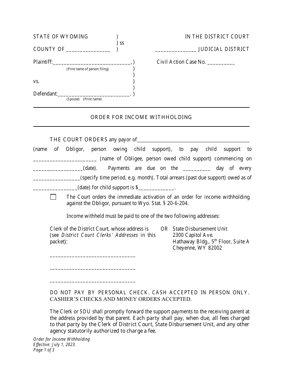 Wyoming Order for Withholding Fill Out, Sign Online and