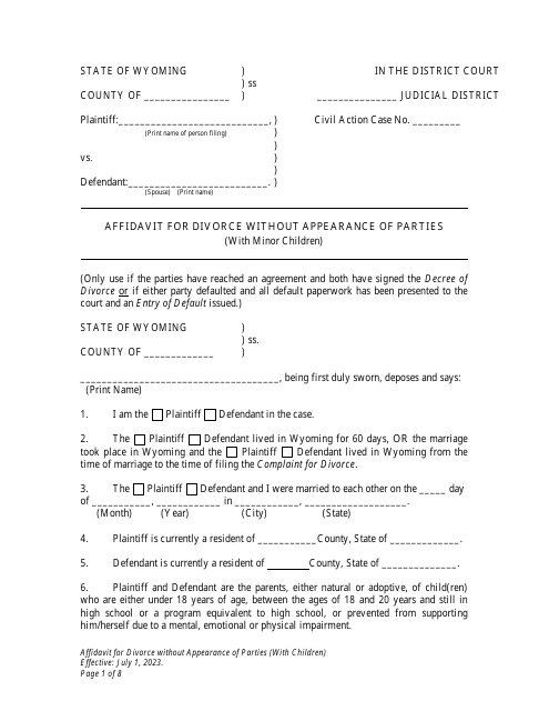 Affidavit for Divorce Without Appearance of Parties (With Minor Children) - Wyoming Download Pdf