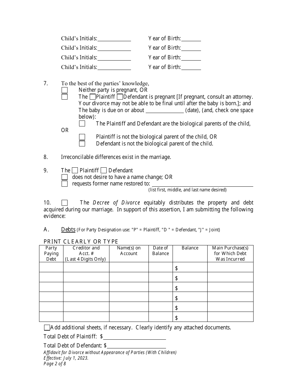 Affidavit for Divorce Without Appearance of Parties (With Minor Children) - Wyoming, Page 2