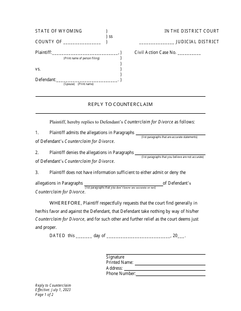 Reply to Counterclaim - Wyoming Download Pdf