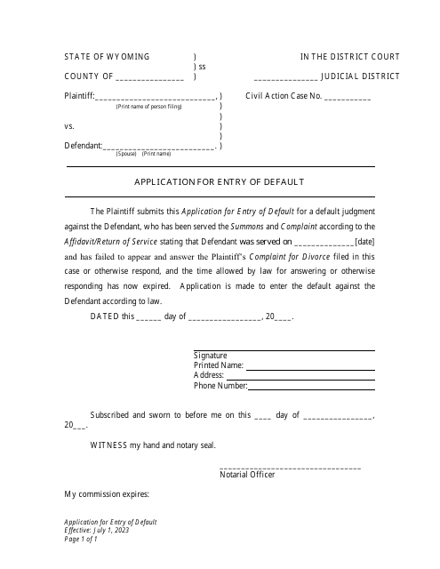 Application for Entry of Default - Wyoming Download Pdf