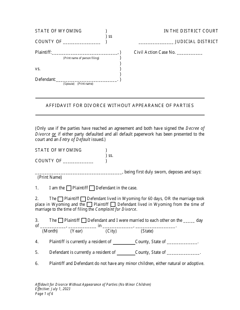 Affidavit for Divorce Without Appearance of Parties (No Minor Children) - Wyoming Download Pdf