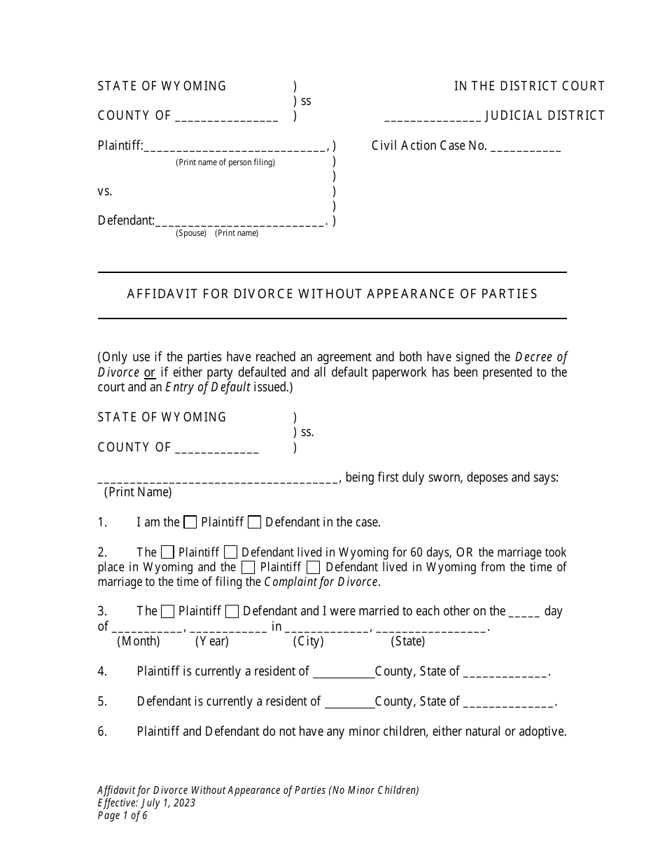 Affidavit for Divorce Without Appearance of Parties (No Minor Children) - Wyoming, Page 1