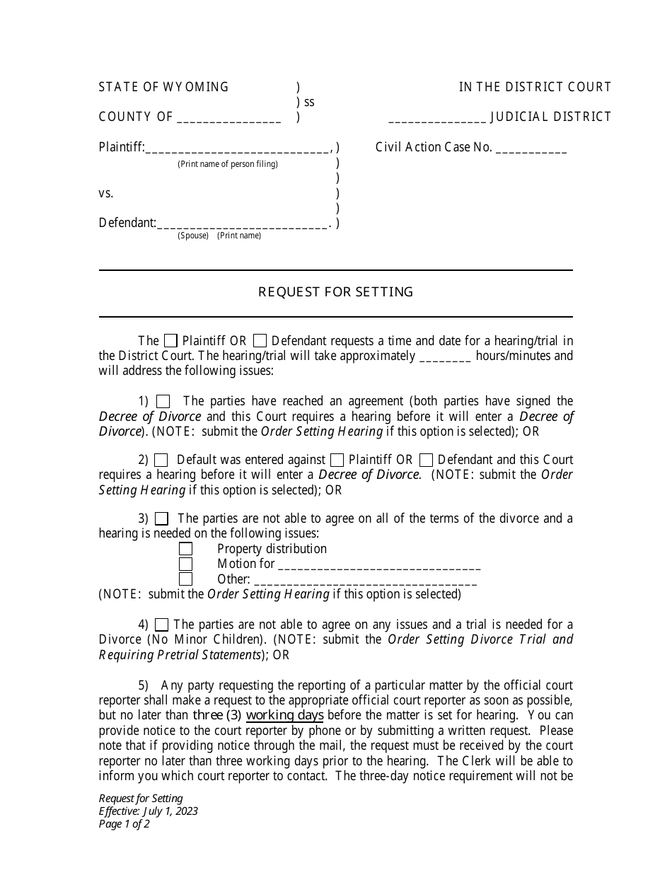 Request for Setting - Divorce With No Children - Plaintiff - Wyoming, Page 1