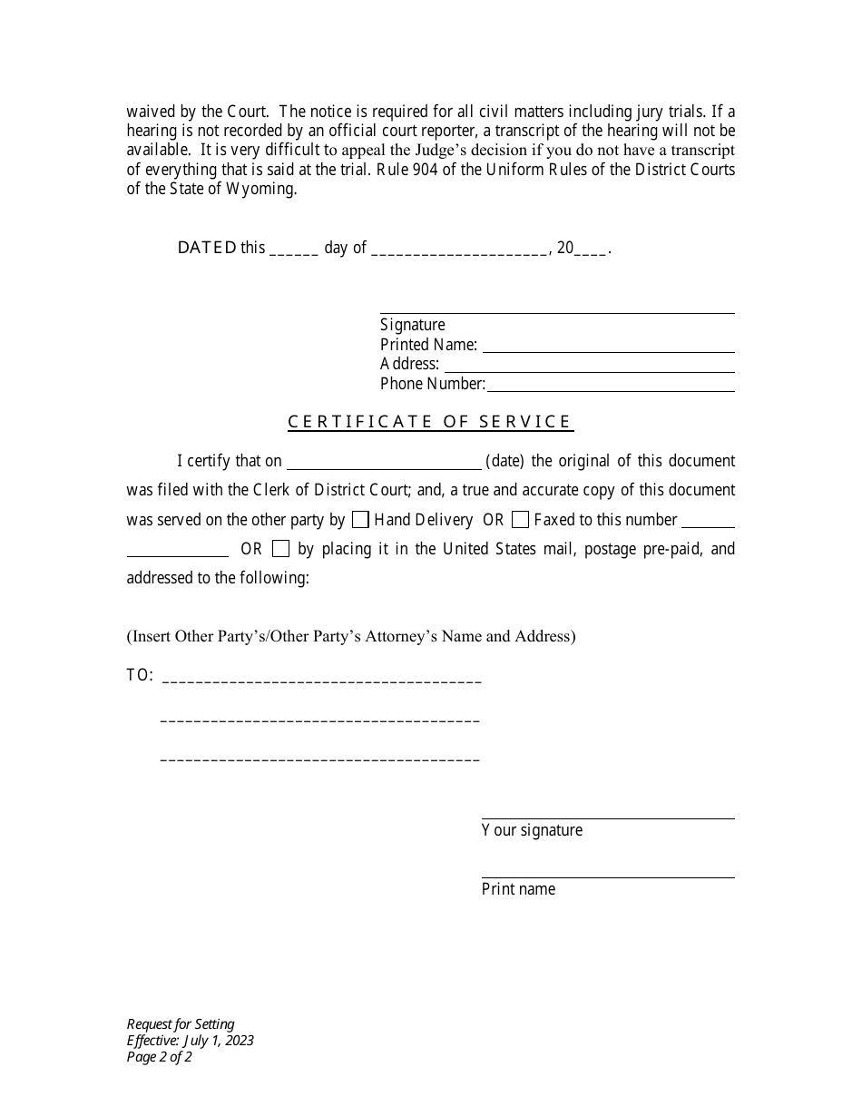 Request for Setting - Divorce With No Children - Plaintiff - Wyoming, Page 2