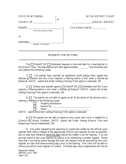 Request for Setting - Divorce With No Children - Plaintiff - Wyoming Download Pdf