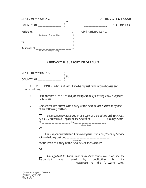 Affidavit in Support of Default - Child Support Modification - Petitioner - Wyoming Download Pdf