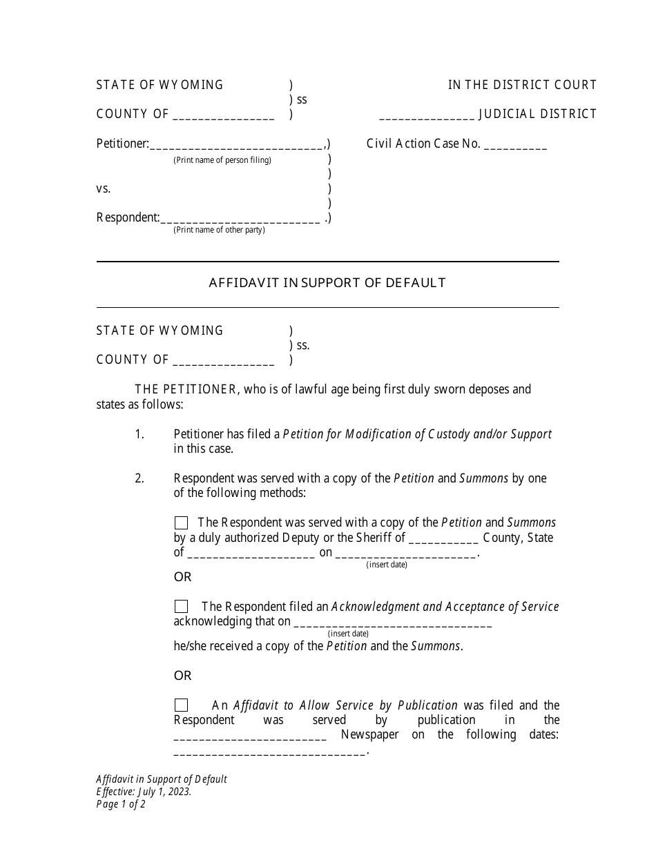 Affidavit in Support of Default - Child Support Modification - Petitioner - Wyoming, Page 1