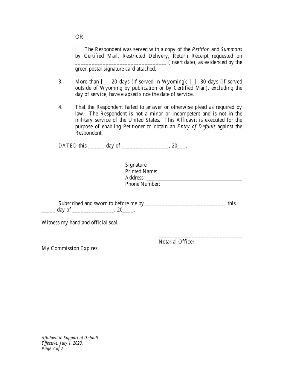 Affidavit in Support of Default - Child Support Modification - Petitioner - Wyoming, Page 2