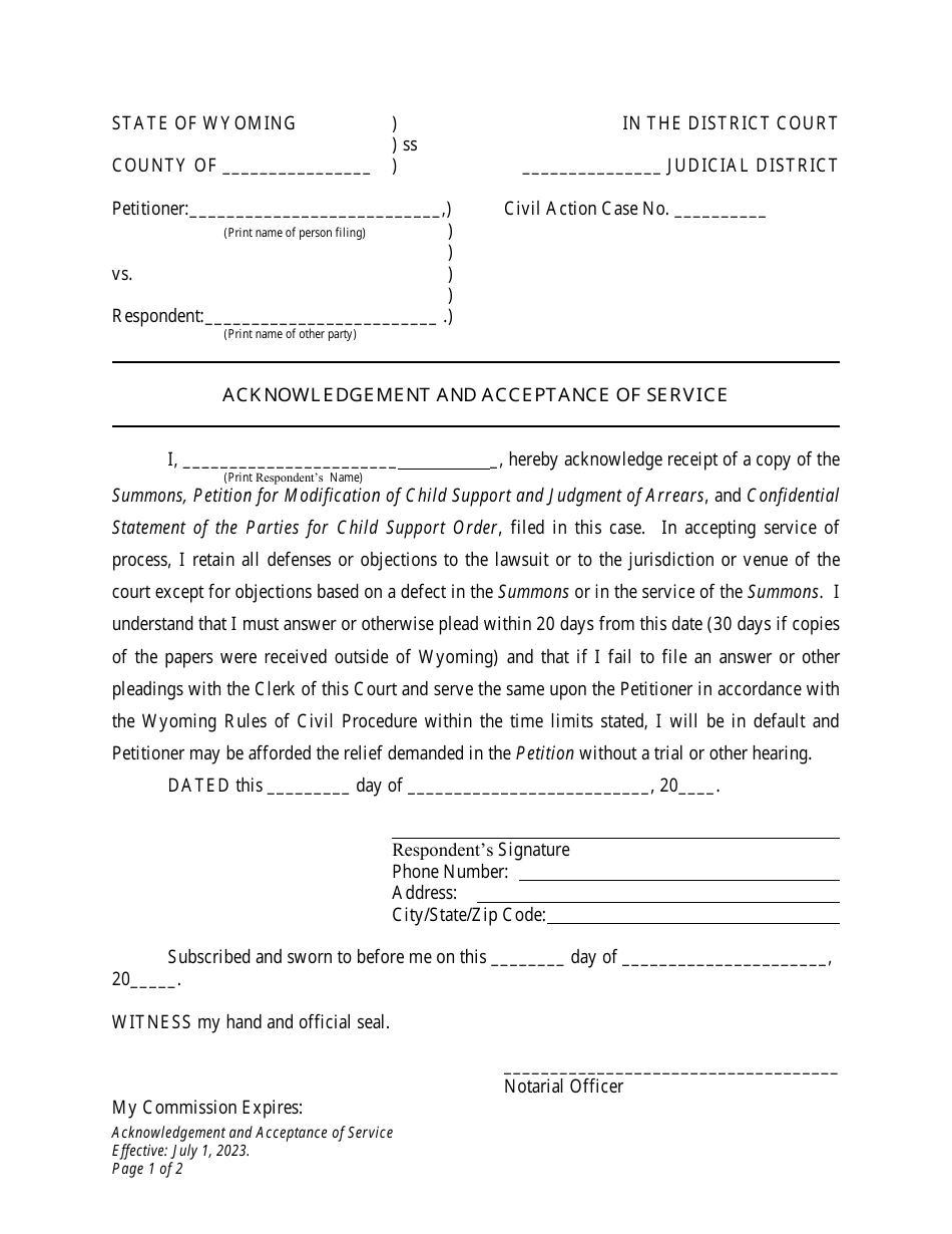 Acknowledgement and Acceptance of Service - Child Support Modification - Petitioner - Wyoming, Page 1