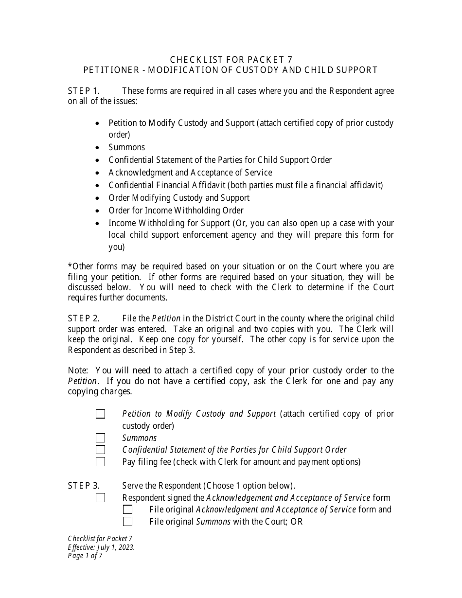 Checklist for Packet 7 - Petitioner - Modification of Custody and Child Support - Wyoming, Page 1