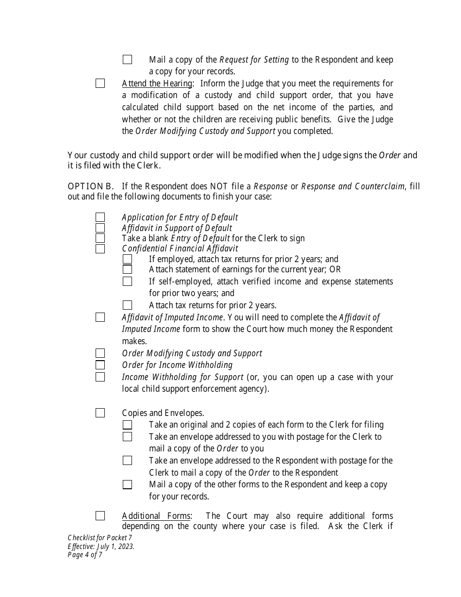 Checklist for Packet 7 - Petitioner - Modification of Custody and Child Support - Wyoming, Page 4