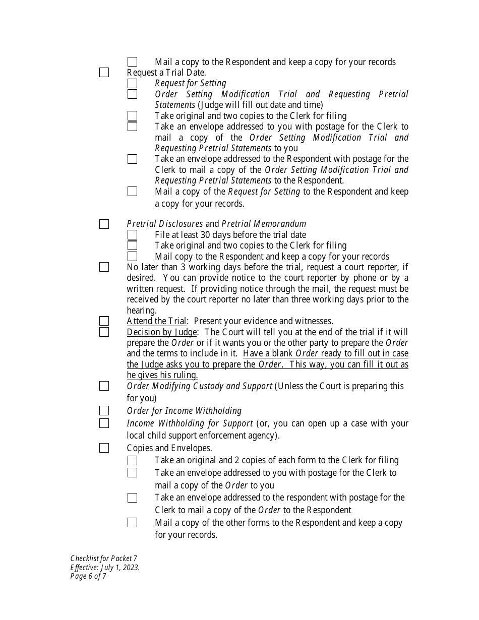 Checklist for Packet 7 - Petitioner - Modification of Custody and Child Support - Wyoming, Page 6