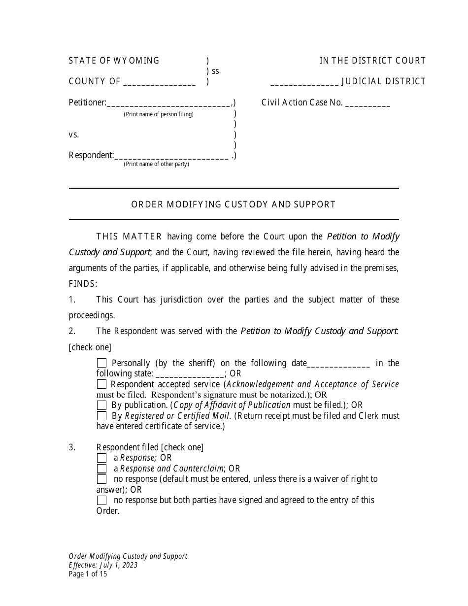 Wyoming Order Modifying Custody and Support Download Printable PDF ...