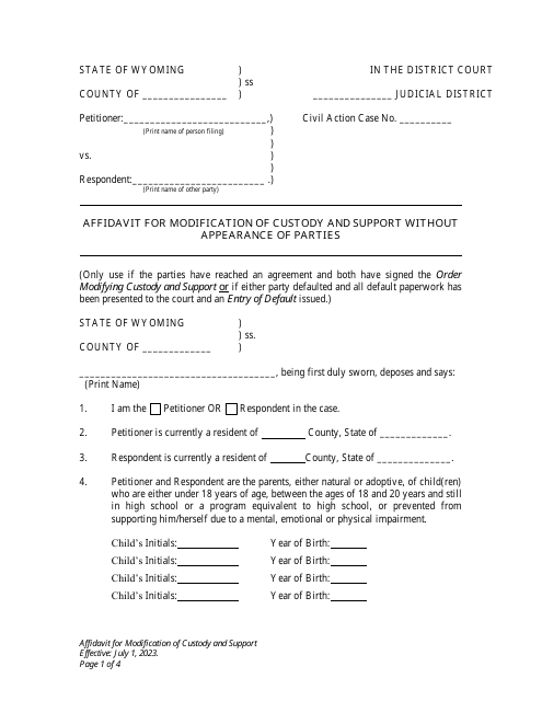 Affidavit for Modification of Custody and Support Without Appearance of Parties - Wyoming Download Pdf