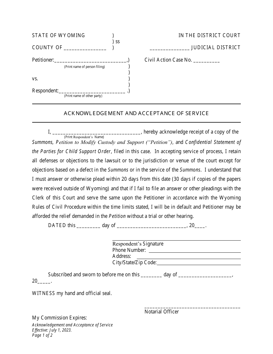 Acknowledgement and Acceptance of Service - Custody and Child Support Modification - Petitioner - Wyoming, Page 1