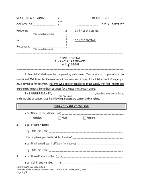 Confidential Financial Affidavit - Wyoming Download Pdf