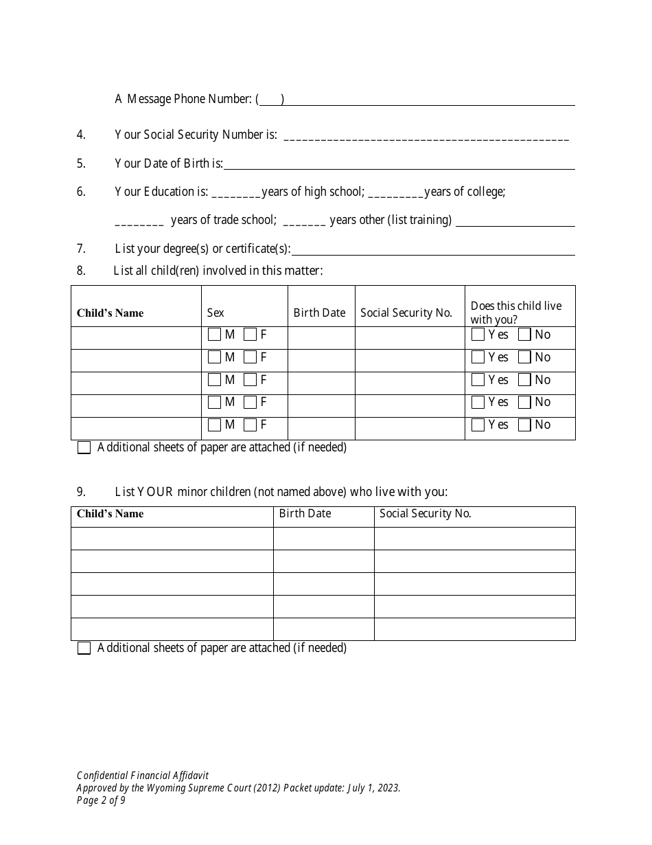 Confidential Financial Affidavit - Wyoming, Page 2