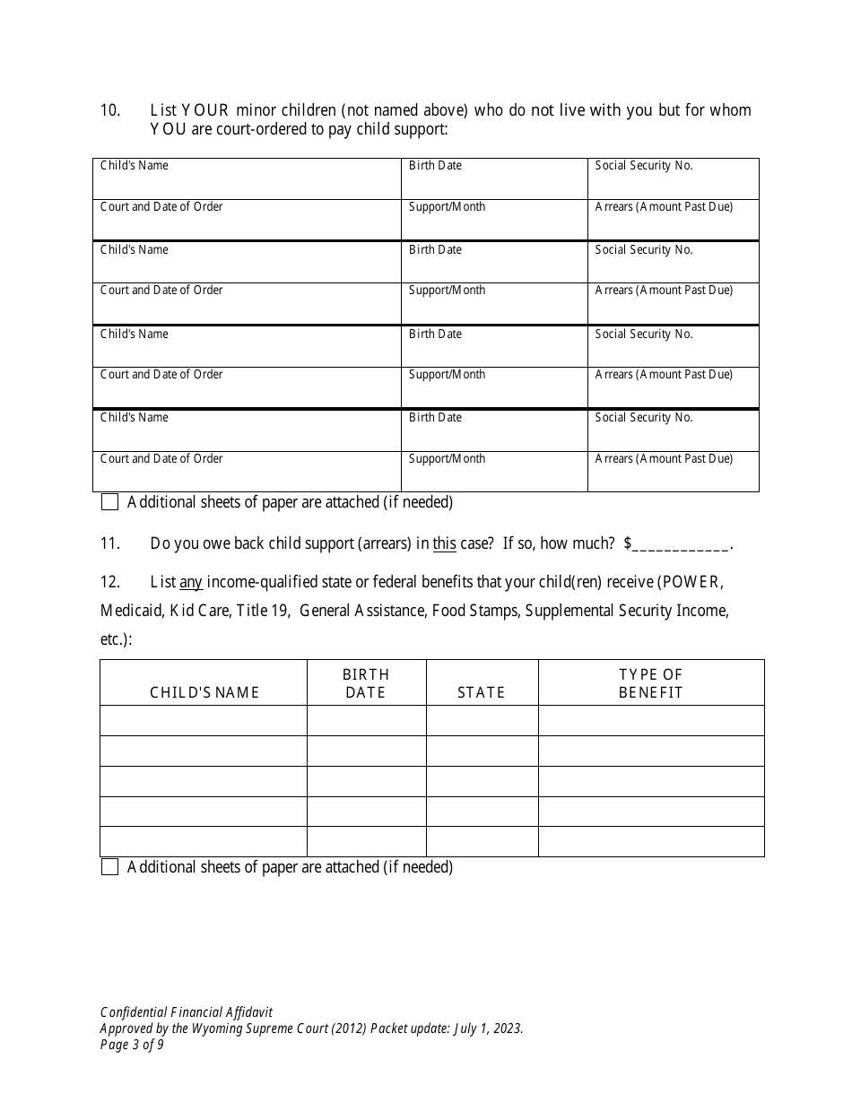 Confidential Financial Affidavit - Wyoming, Page 3