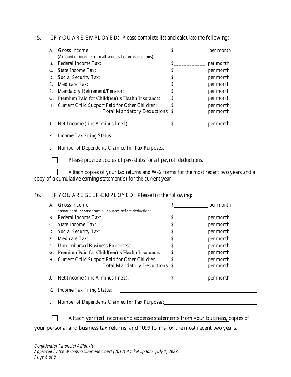 Confidential Financial Affidavit - Wyoming, Page 6