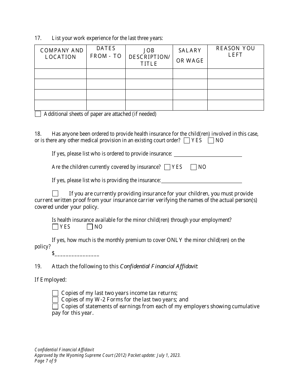 Confidential Financial Affidavit - Wyoming, Page 7