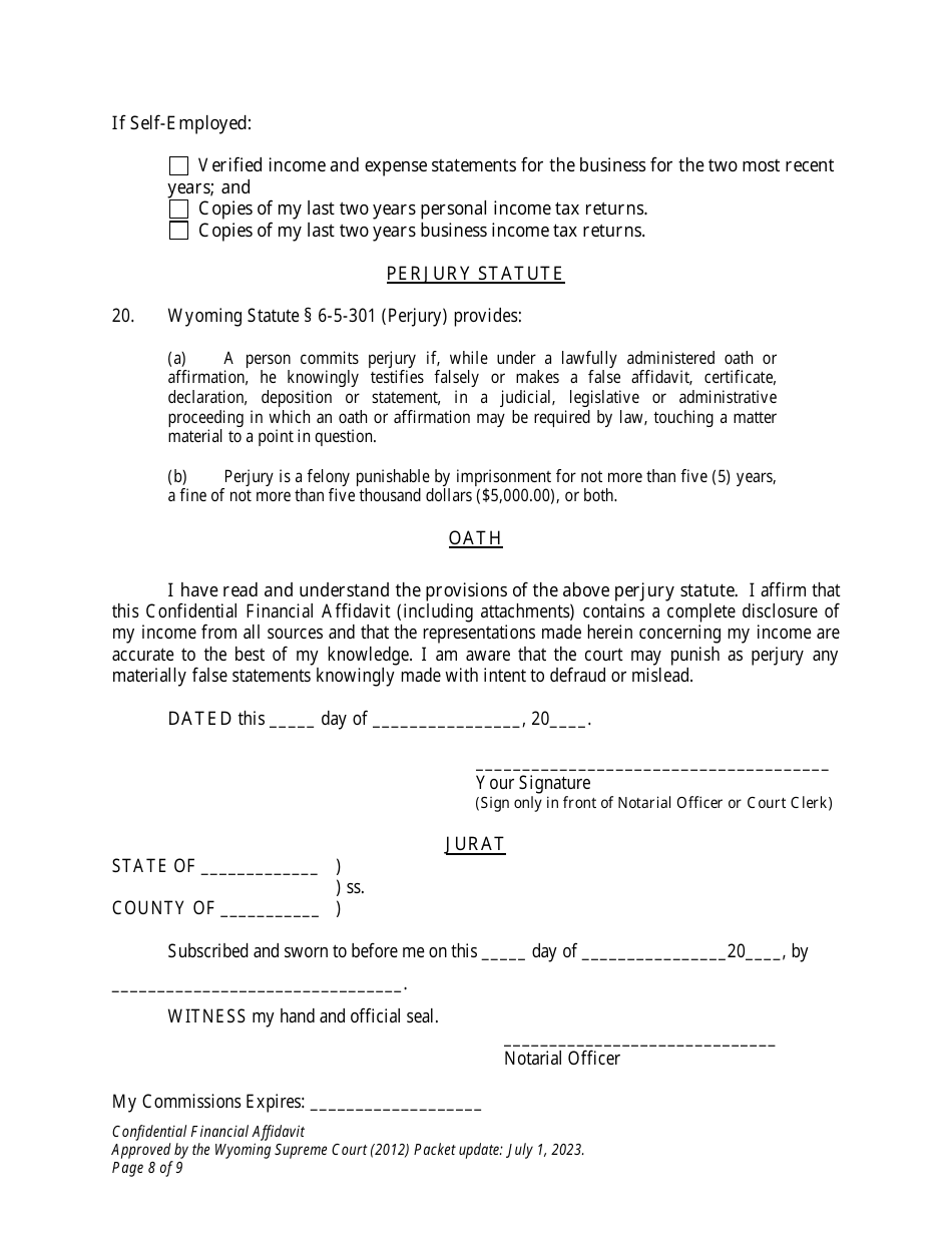 Confidential Financial Affidavit - Wyoming, Page 8