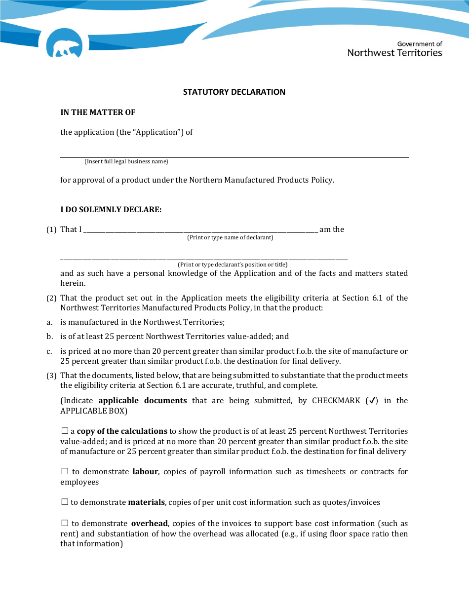 Statutory Declaration - Northwest Territories, Canada, Page 1