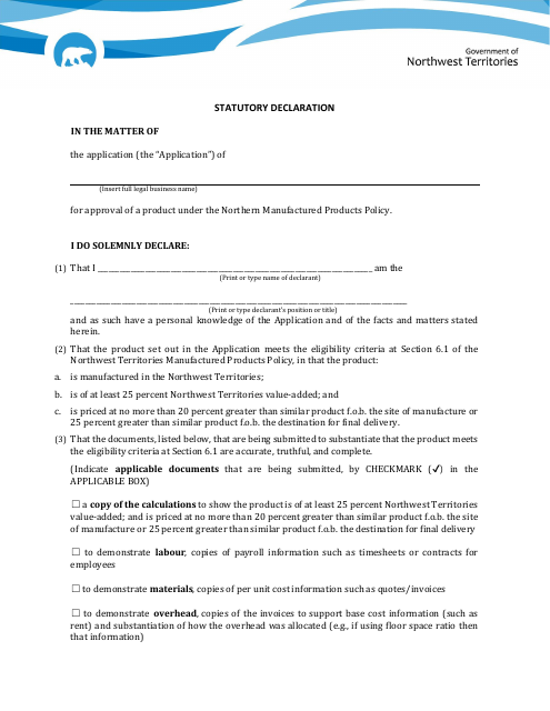 Statutory Declaration - Northwest Territories, Canada Download Pdf