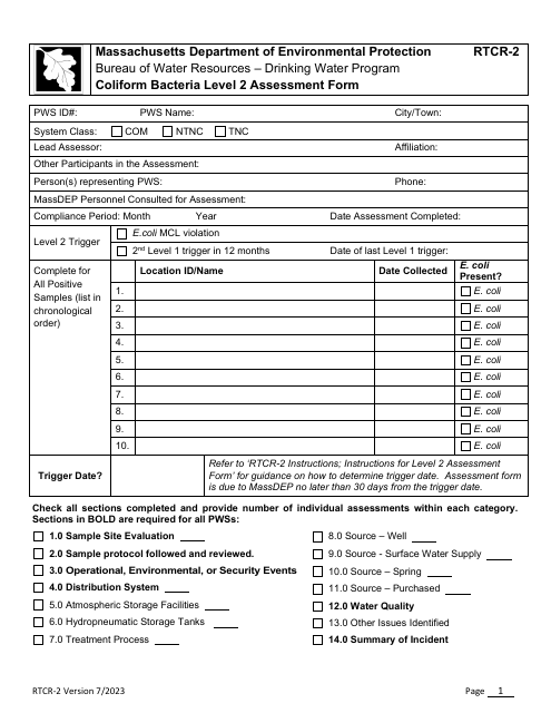Form RTCR-2 Coliform Bacteria Level 2 Assessment Form - Massachusetts