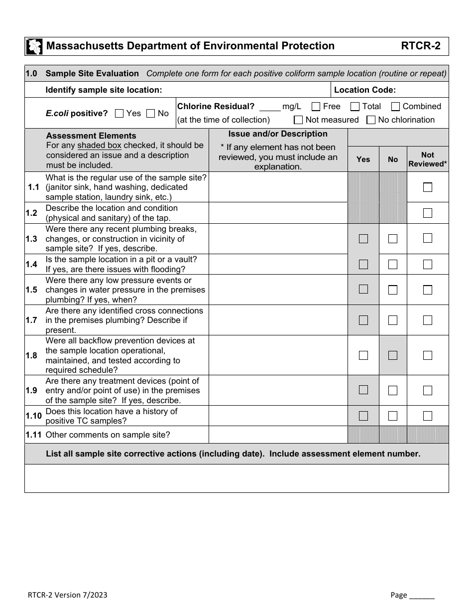 Form RTCR-2 Coliform Bacteria Level 2 Assessment Form - Massachusetts, Page 2