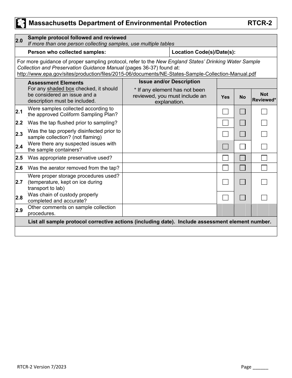Form RTCR-2 Coliform Bacteria Level 2 Assessment Form - Massachusetts, Page 3