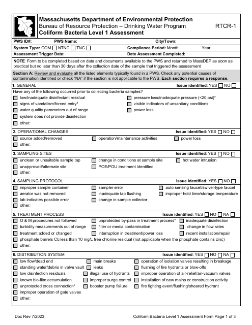 Form RTCR-1 Coliform Bacteria Level 1 Assessment - Massachusetts