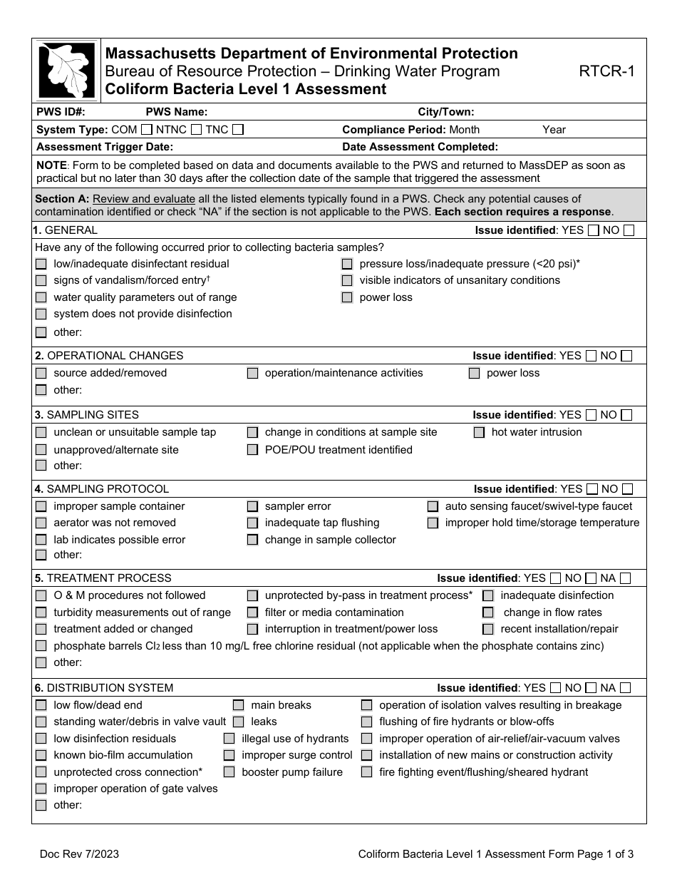 Form RTCR-1 Coliform Bacteria Level 1 Assessment - Massachusetts, Page 1