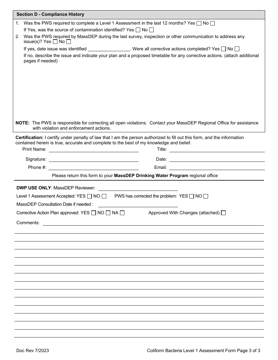 Form RTCR-1 Coliform Bacteria Level 1 Assessment - Massachusetts, Page 3