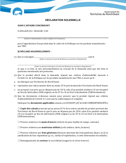 Declaration Solennelle - Northwest Territories, Canada (French)