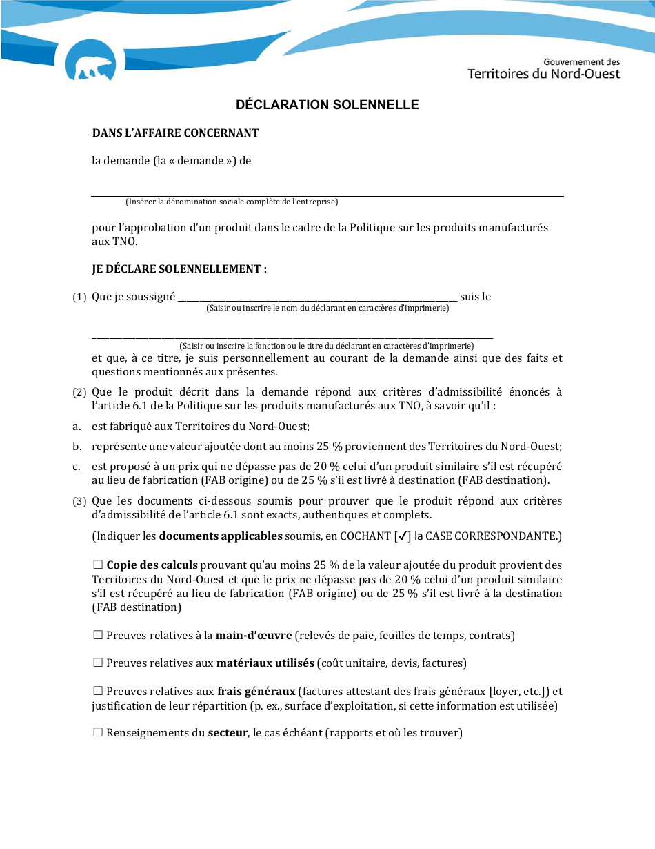 Declaration Solennelle - Northwest Territories, Canada (French), Page 1