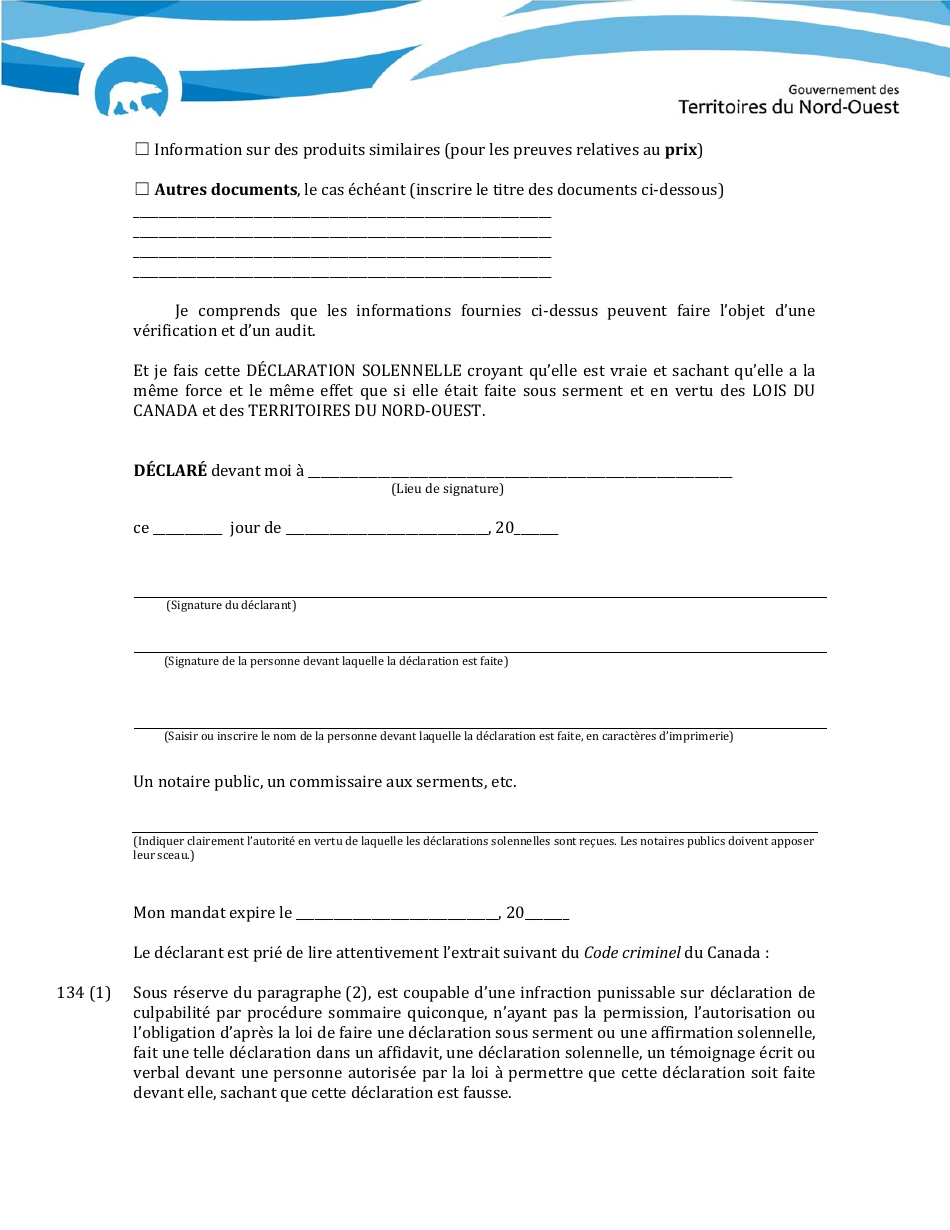 Declaration Solennelle - Northwest Territories, Canada (French), Page 2