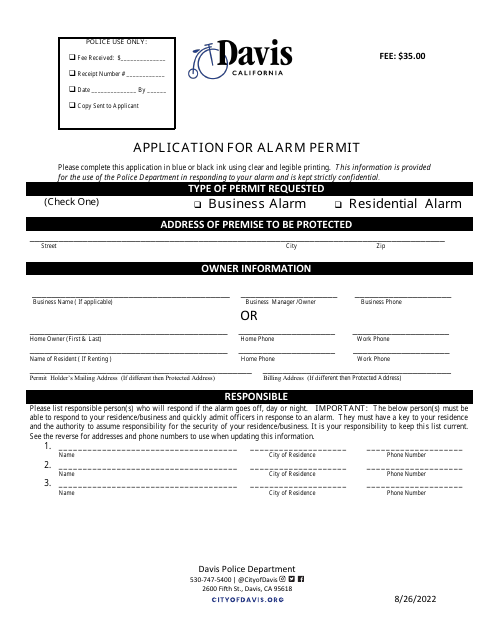 Application for Alarm Permit - City of Davis, California