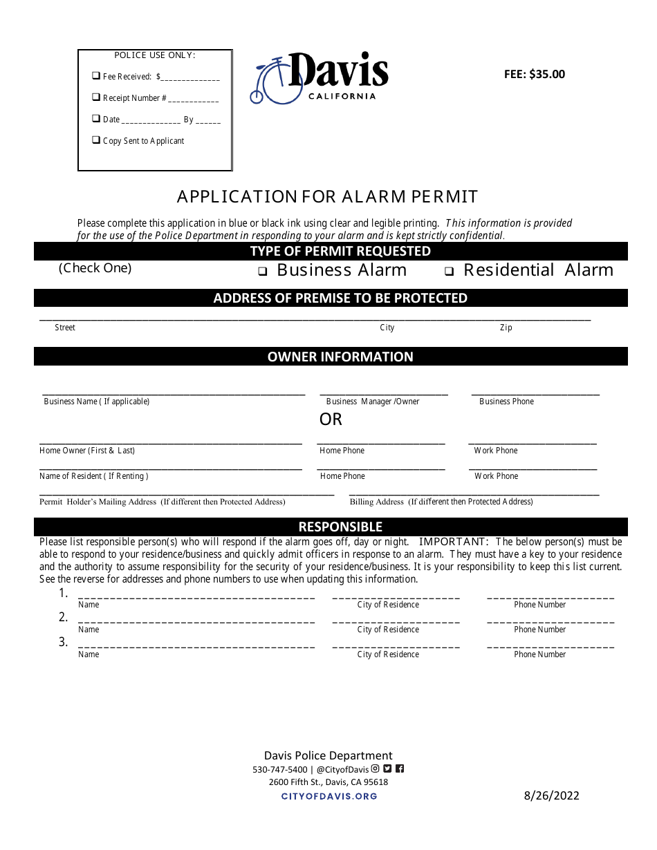 Application for Alarm Permit - City of Davis, California, Page 1