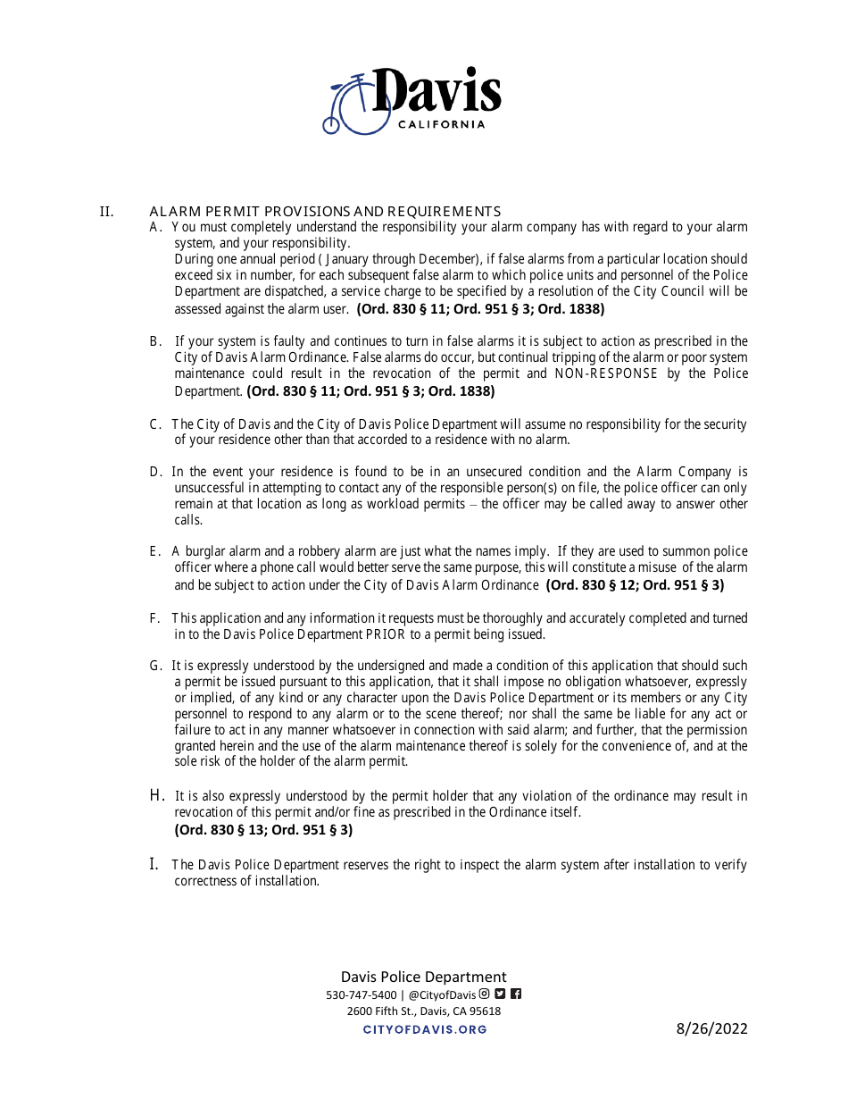 Application for Alarm Permit - City of Davis, California, Page 3