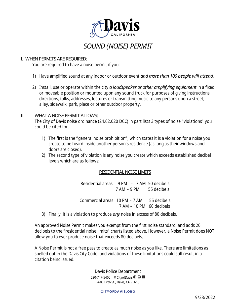 Sound (Noise) Permit Application - City of Davis, California, Page 1