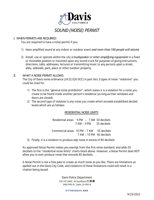 Sound (Noise) Permit Application - City of Davis, California Download Pdf