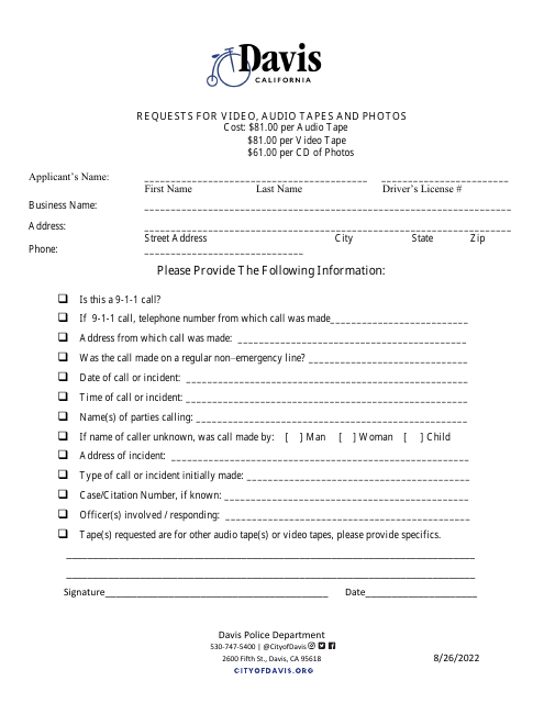 Request for Video, Audio TAPES and Photos - City of Davis, California Download Pdf