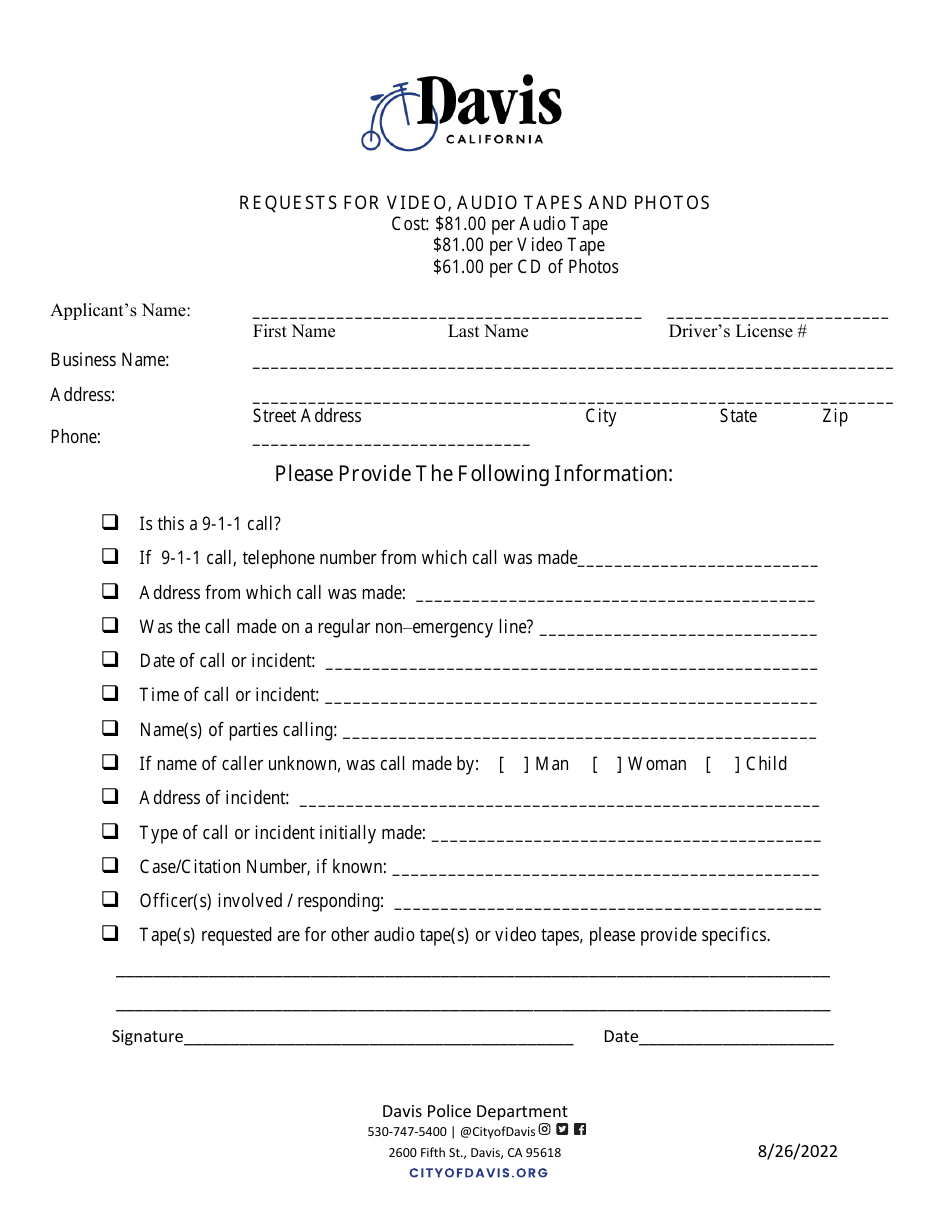 City of Davis, California Request for Video, Audio TAPES and Photos ...