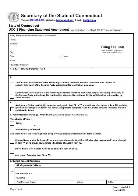 Form UCC-3 (UMA-1.1.1) Financing Statement Amendment - Connecticut