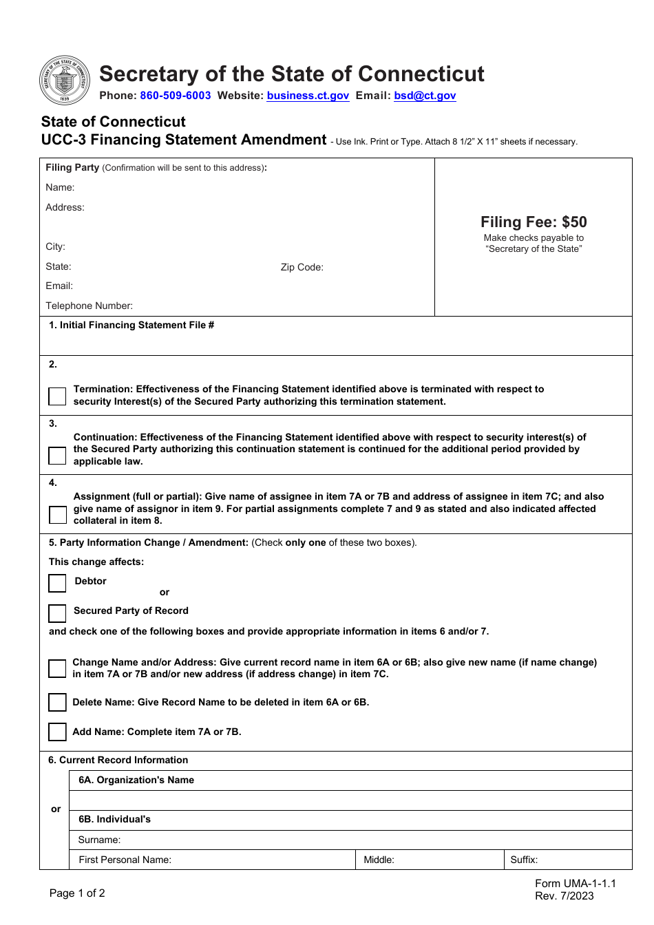 Form UCC-3 (UMA-1.1.1) Financing Statement Amendment - Connecticut, Page 1