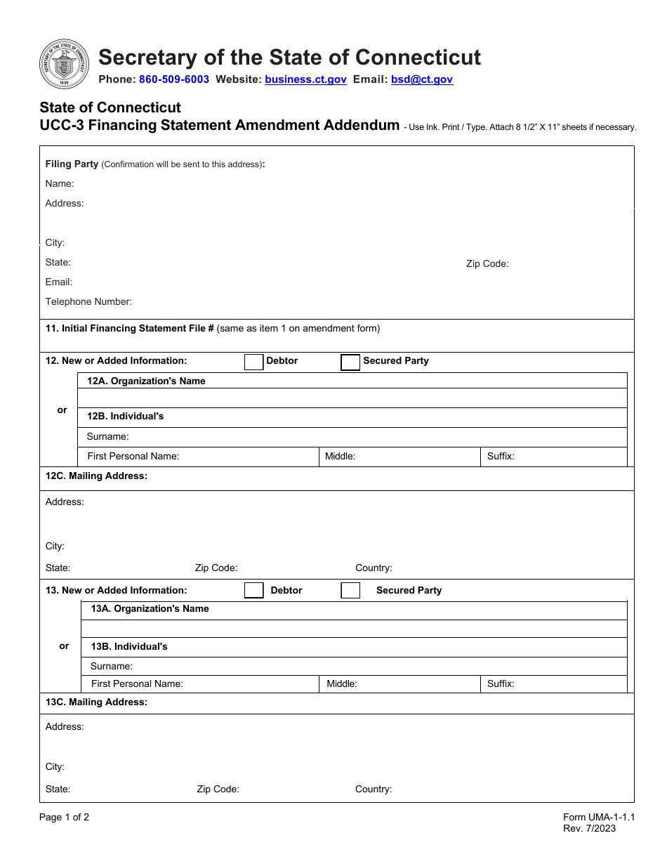 Form UCC-3 AD (UMA-1-1.1) Financing Statement Amendment Addendum - Connecticut, Page 1
