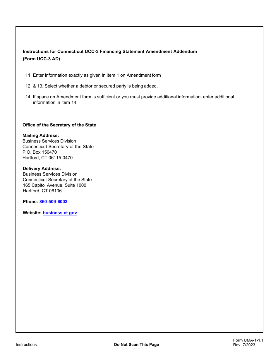 Form UCC-3 AD (UMA-1-1.1) Financing Statement Amendment Addendum - Connecticut, Page 3