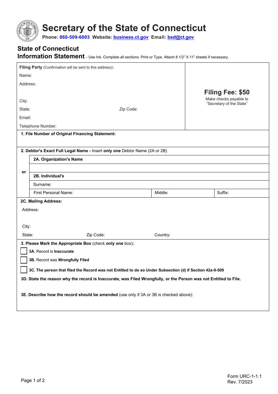 Form URC-1-1.1 Information Statement - Connecticut, Page 1
